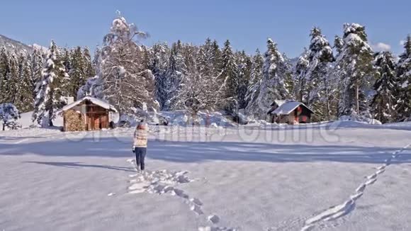 冬季女孩跑雪空中4K视频的预览图