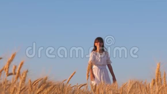穿着白色连衣裙长发的女孩跑过一片黄色的小麦慢镜头拍摄视频的预览图