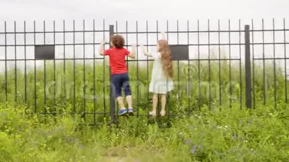 农村的小男孩和小女孩爬上铁栅栏孩子们暑假在村里玩得很开心视频的预览图