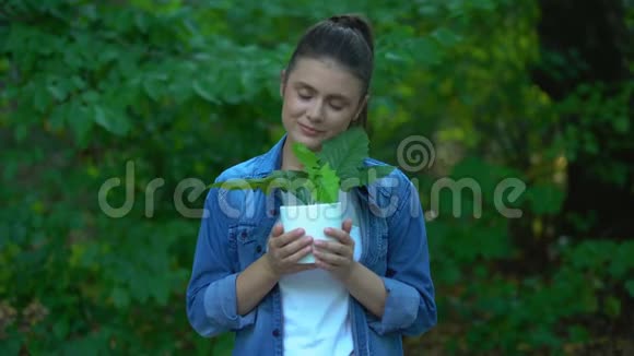 白种人女人拿着绿色植物盆栽欣赏自然生态和谐视频的预览图