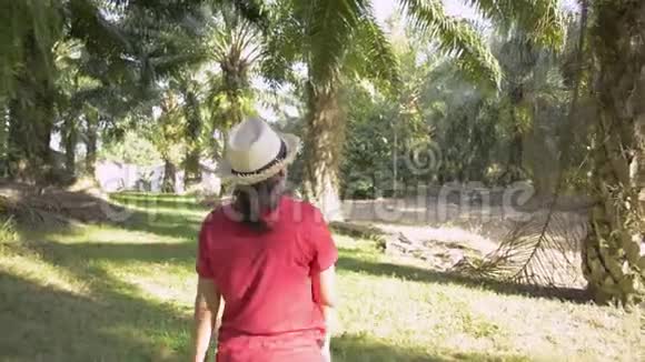 女性种植园主正在照料产品并在油棕种植园行走视频的预览图