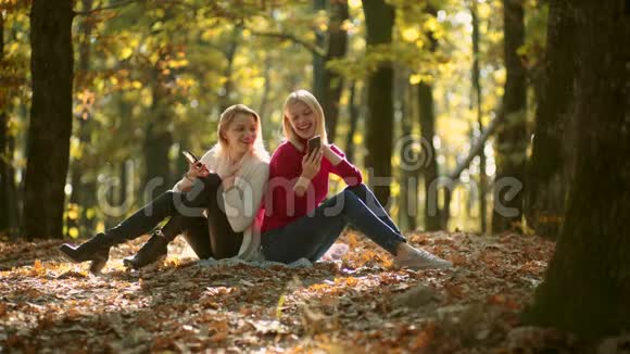 户外生意工作性质带电话的女孩两个女孩用智能手机留言秋天的肖像画视频的预览图