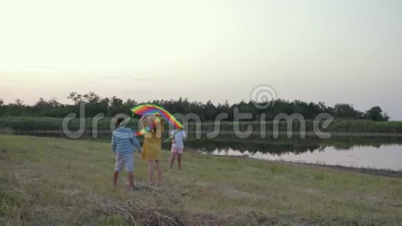 夏季周末快乐的小伙伴在森林草地上玩风筝视频的预览图