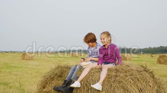 女孩和男孩青少年坐在收获场的干草堆上快乐的男孩和女孩在秋天的干草堆上看书视频的预览图