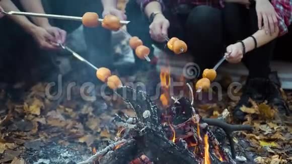 秋天森林里游客们在篝火旁烤香肠视频的预览图