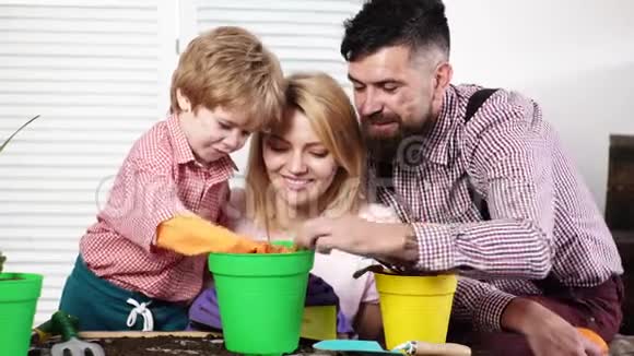种花一家人种花有脏脸的家庭护理植物幸福家庭的观念脏脸工厂视频的预览图