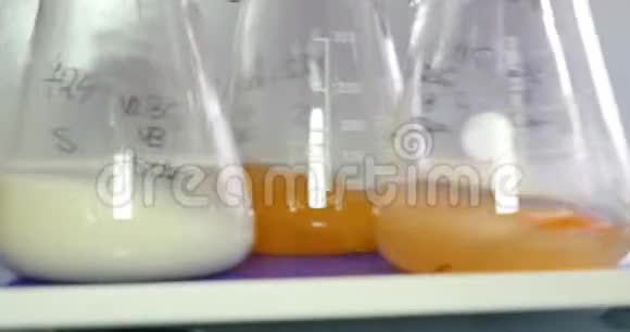三个Erlenmeyer烧瓶的特写镜头以及一些被混合装置混合的食物例子视频的预览图