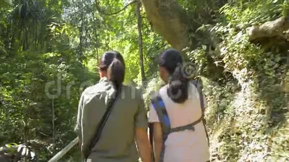 母亲和女儿的后景是在沿着小溪徒步旅行的小径上手拉手散步的视频的预览图