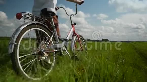 女孩骑着一辆红色的自行车穿过绿色的田野视频的预览图