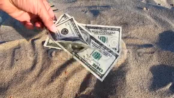 在沙滩背景下拿着300美元钞票的女孩视频的预览图