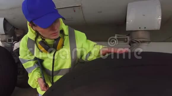 女工程师在起飞前在机场检查一架客机的轮胎视频的预览图