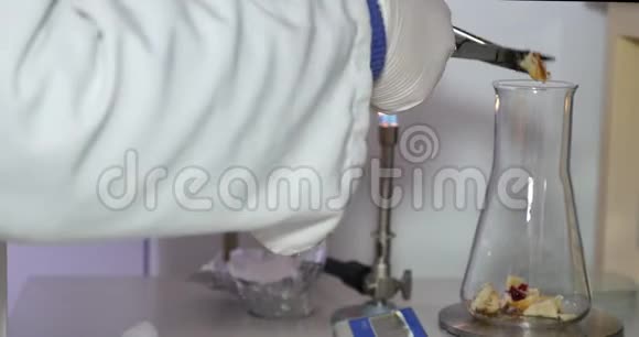 一位在实验室工作的科学家的照片她正在采集一些食物样本并将它们放入Erlenmeyer烧瓶中以获得更高的质量c视频的预览图