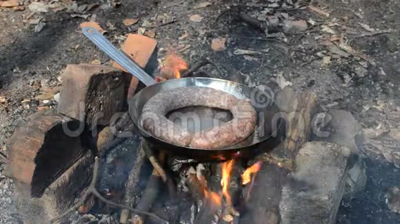 烤香肠是用平底锅在森林里的火堆上烤的野餐视频的预览图