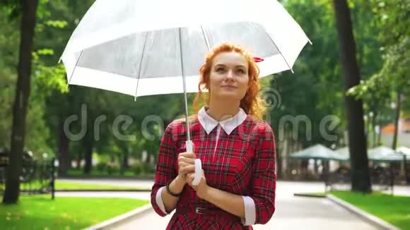 可爱的红发女孩带着雨伞在阳光明媚的公园散步视频的预览图