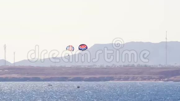 穿越海面的降落伞将游客拖走寄生在红海里假期概念视频的预览图