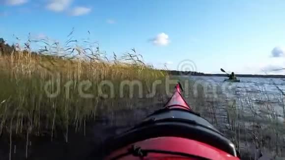 动作镜头在斯堪的纳维亚湖上缓慢划水穿过高绿的草地一个身份不明的女孩在右边的一排视频的预览图
