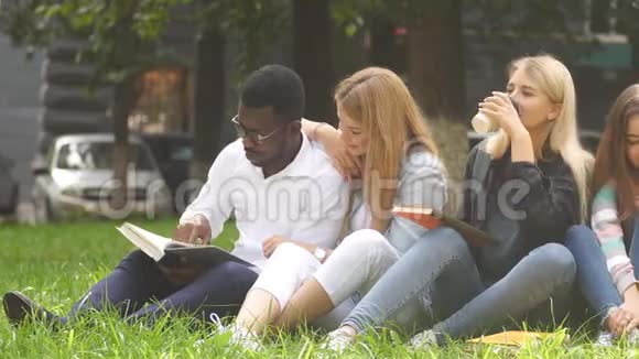 一群不同种族的年轻学生坐在绿色草坪上视频的预览图