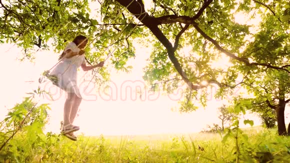 美丽的女孩在被阳光照亮的秋千上摆动绳子在公园的树枝上摆动慢动作视频的预览图