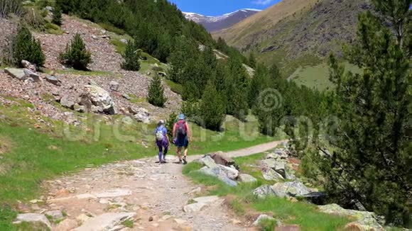 两名游客在Nuria山谷附近的西班牙比利牛斯山脉上散步视频的预览图