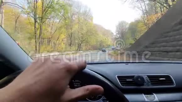 男性手放在汽车的方向盘上看着司机眼睛看着路乘坐汽车在两者之间的高速公路上旅行视频的预览图