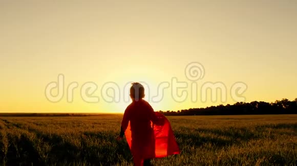 超级英雄在一片绿色的草坪上奔跑背景是日落假装在缓慢地飞行视频的预览图