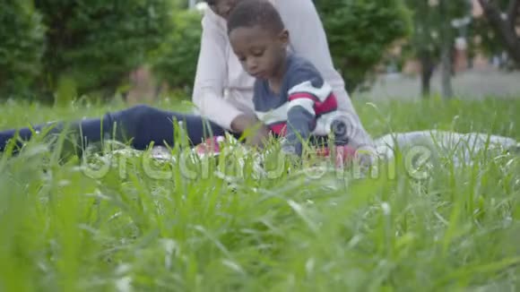 肖像可爱的非裔美国妇女坐在毯子上她的小儿子在公园里年轻的母亲试图视频的预览图