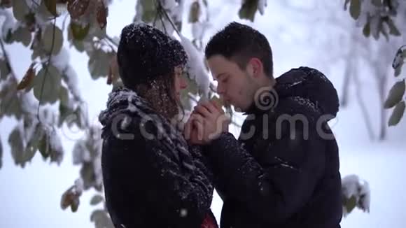 美丽的年轻女子和男人在大雪纷飞的冬季公园里互相注视目光男人温暖女士的双手视频的预览图