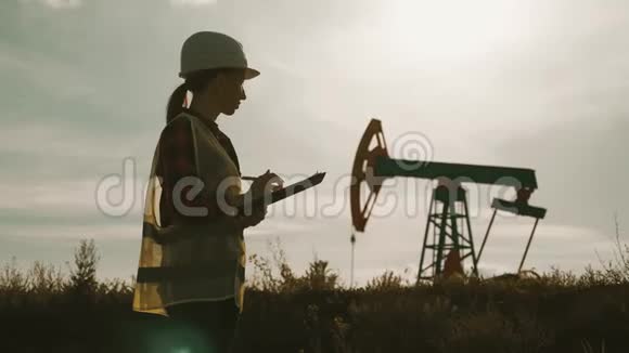 剪影女工程师在油田剪贴板上写作女性戴白色安全帽穿工作服工业视频的预览图