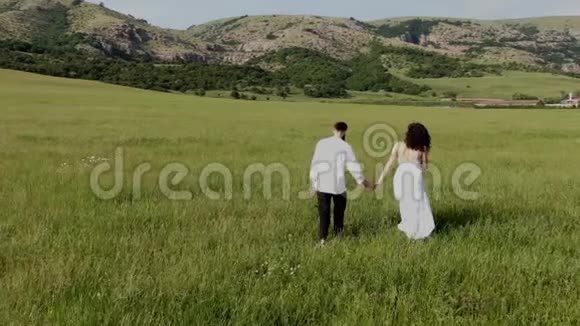 穿着简单的衣服的男人和女人牵着手走在农场附近的绿色田野里山脉在那里视频的预览图