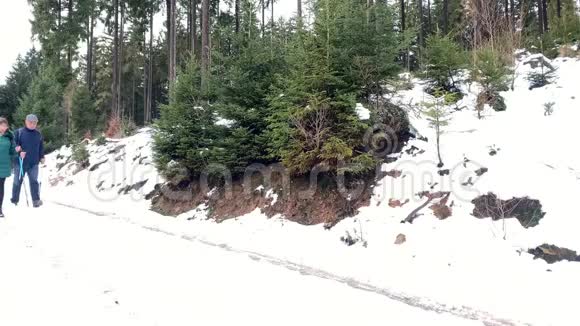 穿着夹克衫的中年妇女和男子在冬天穿过一片白雪覆盖的森林手牵手享受大自然这是一种孢子的概念视频的预览图
