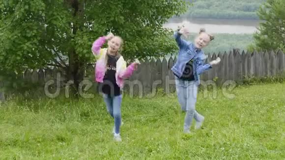 两个快乐女孩跳草后草坪春草坪视频的预览图