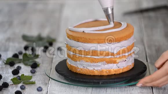 蛋糕配方糕点厨师将奶油填充到海绵蛋糕层上视频的预览图