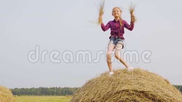 少女手里拿着稻草站在农村的干草堆上跳舞视频的预览图