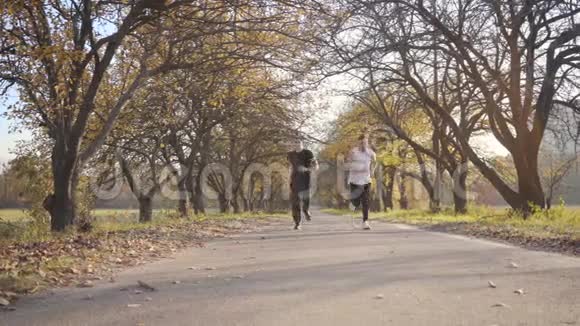 两个活泼的白人男孩在秋季公园跑步成年运动员因心脏疼痛而停止运动健康视频的预览图