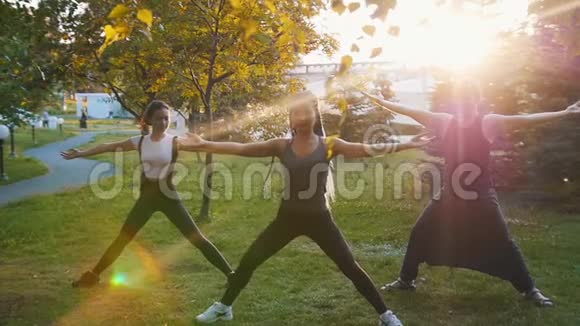 两位年轻女性在阳光下和教练一起在公园里做瑜伽体式一位女士有着长长的蓝色恐惧症视频的预览图