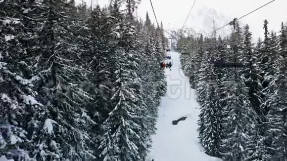骑上滑雪椅爬到山顶两边是树视频的预览图