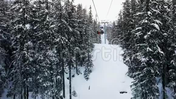 从滑雪缆车上山的景色两边的树木视频的预览图