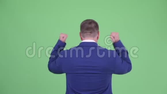 快乐成熟的男子汉商人用拳头举起的后视图视频的预览图