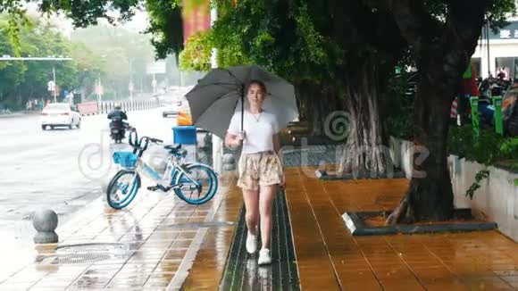 雨中一位年轻女子撑着伞走在中国大街上视频的预览图