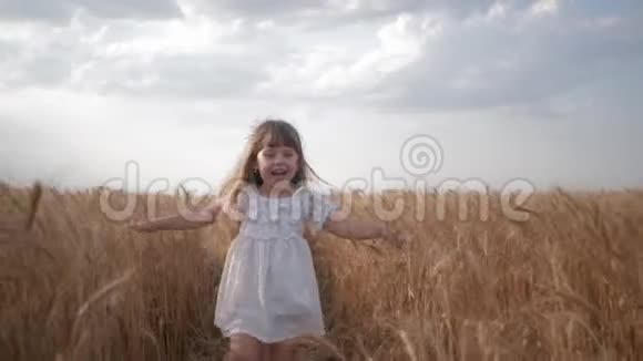 孩子在大自然中玩耍情绪激动的笑着穿着白色衣服的孩子用手臂奔跑与田野相遇视频的预览图
