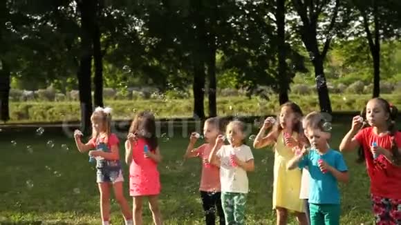 快乐的孩子们在夏天公园吹肥皂泡视频的预览图