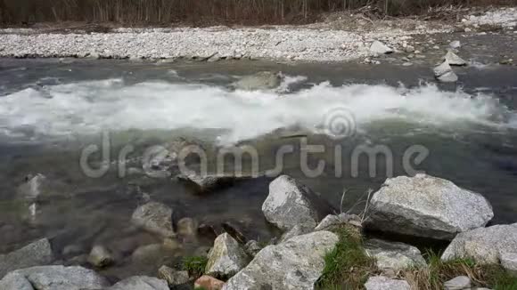 春天阳光照耀着在野河中流淌的水前面是大石后面是小石视频的预览图