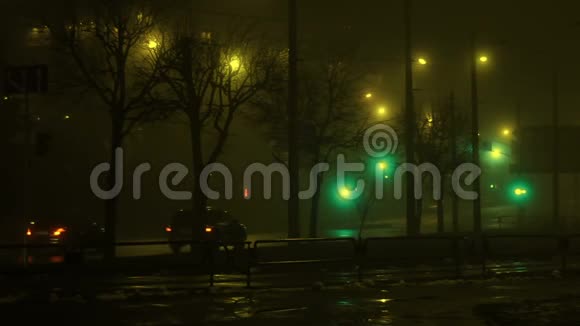 夜晚的城市有薄雾路口有红绿灯视频的预览图