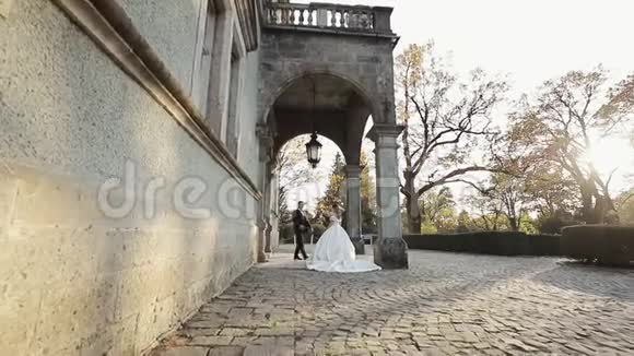 新婚夫妇在公园里和历史宫殿散步结婚礼服绿树和背景上的一座建筑视频的预览图
