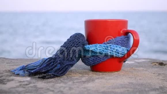 带着蓝色针织围巾的咖啡红马克杯站在沙滩上视频的预览图