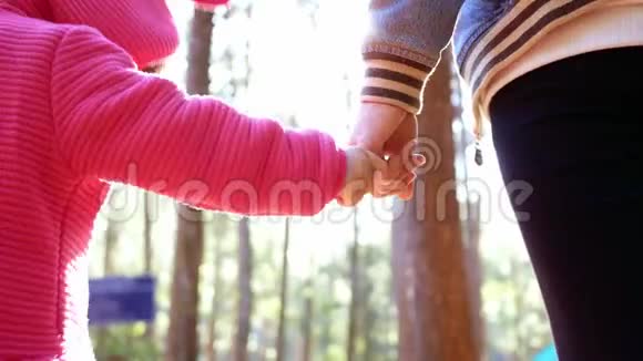 幸福的母女俩手牵手走着一起走在松林里视频的预览图