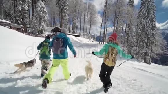 一家人带着哈士奇狗欢快地跑过森林里的雪地慢镜头拍摄视频的预览图