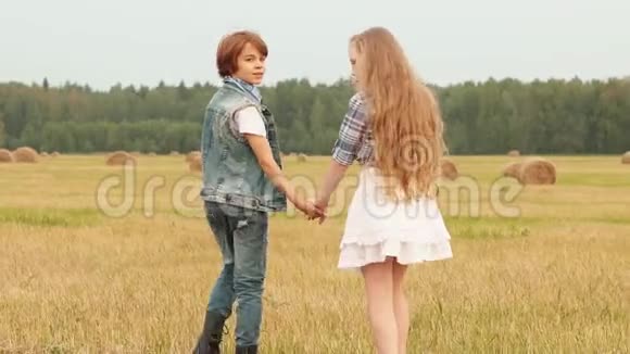 十几岁的夫妇牵着手在干草堆背景下的农村田野上散步浪漫的女孩和男孩开始收割视频的预览图