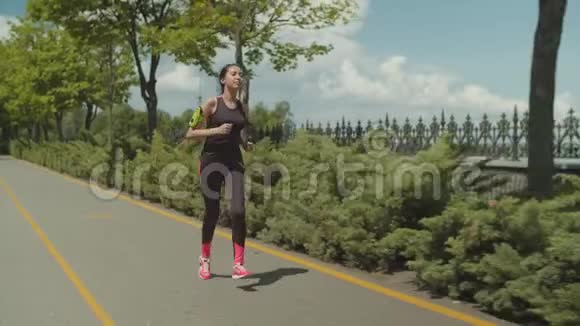 运动女性沿着公园的跑步路径慢跑视频的预览图