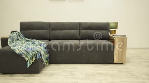 时尚的黑色角落沙发带有木制侧壁和舒适的格子呢视频的预览图